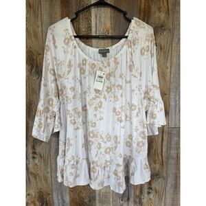 Style & Co XL White Beige Floral Peasant Blouse 3/4 Bell Sleeve Boho Flowy Top